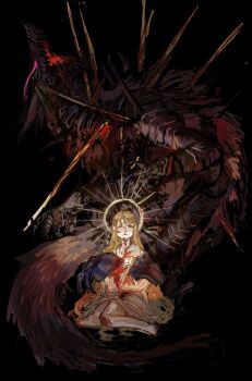 1boy 1girl animal bare_legs black_background blood brown_eyes brown_hair catherine_(project_moon) claws distortion_(project_moon) dress flaming_eye flanzi_lan full_body halo heathcliff_(project_moon) highres holding holding_animal limbus_company long_hair open_mouth project_moon purple_eyes simple_background sitting stab white_dress wolf