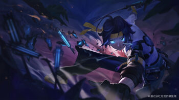 1boy absurdres ahoge arrow_(projectile) asaba_harumasa asymmetrical_gloves black_gloves black_hair black_pants blue_eyes bow_(weapon) closed_mouth clothes_around_waist commentary_request gloves glowing glowing_eyes hand_on_ground headband highres holding holding_bow_(weapon) holding_weapon looking_at_viewer male_focus mismatched_gloves pants parted_bangs partially_fingerless_gloves shirt short_hair sleeves_rolled_up solo tu_pao_diao_yu_shao v-shaped_eyebrows weapon white_shirt yellow_gloves yellow_headband zenless_zone_zero