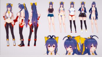 1girl 3d antenna_hair barefoot bikini blazblue blazblue_remix_heart blazblue_variable_heart reference_sheet full_body genderswap genderswap_(mtf) highres long_hair mai_natsume multiple_views panties ponytail standing swimsuit underwear