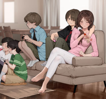 1girl 4boys absurdres age_difference barefoot breasts brown_hair cheating_(relationship) clueless controller couch crossed_legs game_controller groping hetero highres jewelry living_room long_sleeves mature_female medium_breasts mother_and_son motherly_netorare multiple_boys netorare one_eye_closed onee-shota original pants pink_shirt ponytail remote_control_vibrator ring sato-san_(yewang19) scrunchie sex_toy shirt shota socks vibrator wedding_ring white_pants wink yewang19