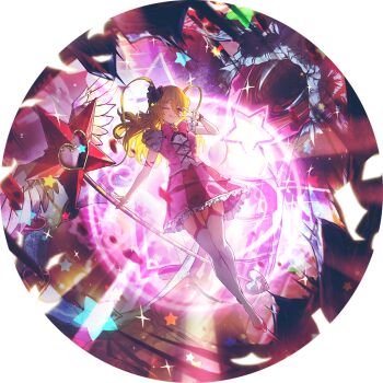 Rule 34 | 1girl, blonde hair, bow, bowtie, don quixote (project moon), dress, e.g.o (project moon), feathered wings, frilled dress, frills, game cg, garter straps, hair ornament, heart, heart hair ornament, holding, holding staff, in the name of love and hate (e.g.o), limbus company, magical girl, nai ga, official art, one eye closed, pink bow, pink dress, pink slippers, project moon, queen of hatred, scar, scar on arm, single wrist cuff, slippers, snake, solo, staff, star (symbol), thighhighs, tongue, tongue out, twintails, v, white thighhighs, wings, wrist cuffs, yellow eyes