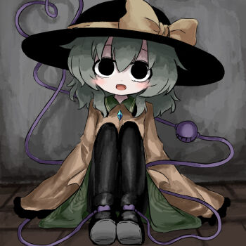 1girl :d ankle_boots black_boots black_eyes black_hat black_pantyhose blush boots bow commentary_request contrast_collar double-parted_bangs floral_print frilled_shirt_collar frilled_sleeves frills full_body green_hair green_skirt hat hat_bow hat_ribbon heart heart_of_string heripantomorrow knees_up komeiji_koishi long_sleeves looking_at_viewer medium_hair open_mouth pantyhose ribbon rose_print shirt sitting skirt smile solo third_eye touhou wide_sleeves wooden_floor yellow_bow yellow_ribbon yellow_shirt