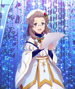 1girl :d bangs_pinned_back beads bell beret bow bowtie brown_hair capelet christmas cowboy_shot dot_nose dress forehead fukuda_sawano game_cg green_bow green_bowtie hat hat_ornament holding holding_paper holly_hat_ornament long_hair long_sleeves looking_at_viewer low-tied_long_hair official_art open_mouth paper purple_eyes smile solo striped_bow striped_bowtie striped_clothes teeth third-party_source toji_no_miko toji_no_miko:_kizamishi_issen_no_tomoshibi upper_teeth_only white_capelet white_dress white_hat