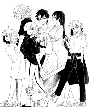 2boys 5girls ahoge alternate_costume animal arms_behind_back artoria_pendragon_(fate) clothes_around_waist contemporary crocs dog eating edmond_dantes_(fate) fate/grand_order fate_(series) fujimaru_ritsuka_(female) fujimaru_ritsuka_(male) greyscale hair_ornament hair_over_one_eye hair_scrunchie hands_in_pockets highres hood hoodie jack_russell_terrier jacket jeanne_d'arc_alter_(fate) long_hair looking_at_viewer mash_kyrielight minamoto_no_raikou_(fate) monochrome multiple_boys multiple_girls nonoitou110 pants ponytail saber_alter scrunchie shirt shoes short_hair shorts side_ponytail sidelocks wavy_hair