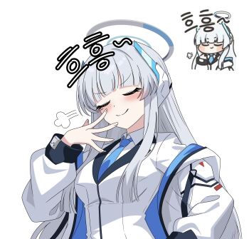1girl absurdres blue_archive blue_necktie blunt_bangs blush breasts choon_sik2 closed_eyes commentary_request formal_clothes halo headgear highres jacket jacket_partially_removed korean_commentary long_hair long_sleeves mechanical_halo medium_breasts necktie noa_(blue_archive) reference_inset shirt simple_background smile smug suit two-sided_fabric two-sided_jacket white_background white_hair white_halo white_jacket white_shirt white_suit