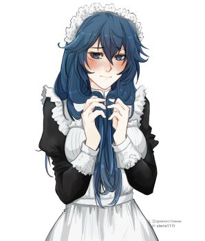 1girl absurdres alternate_costume apron artist_name black_dress blue_eyes blue_hair blush breasts closed_mouth commentary dress embarrassed enmaided fire_emblem fire_emblem_awakening hair_between_eyes hands_up highres holding holding_own_hair long_hair long_sleeves looking_at_viewer lucina_(fire_emblem) maid maid_apron maid_headdress medium_breasts nintendo shy sierra117renner simple_background solo white_apron white_background