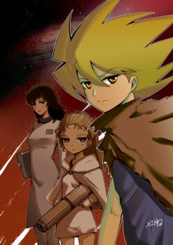 Rule 34 | 1boy, 2girls, black eyes, black hair, blue shirt, braid, brown cloak, brown eyes, brown hair, choujin locke, cloak, closed mouth, commentary request, dress, galaxy, green hair, half-closed eyes, holding, holding notepad, holding rocket launcher, holding weapon, locke, long hair, long sleeves, machiko grace, multiple girls, notepad, ponytail, ponytail with braided base, primula renner, rikudou koushi, rocket launcher, shirt, short hair, sideways glance, signature, skirt, sleeves past wrists, space, standing, torn cloak, torn clothes, weapon, white cloak, white dress, white shirt, white skirt, yellow eyes