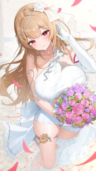 1girl absurdres bare_shoulders bouquet breasts closed_mouth commentary_request dress elbow_gloves flower gloves hair_flower hair_ornament hand_up highres holding holding_bouquet jeon-eo_konoshiro large_breasts long_hair looking_at_viewer marian_andreotti red_eyes single_elbow_glove single_thighhigh smile snowbreak:_containment_zone solo standing thighhighs very_long_hair wedding_dress white_dress white_flower white_gloves white_thighhighs