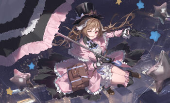 Rule 34 | 1girl, ;d, animal ears, arknights, black gloves, black hat, black shirt, black shoes, black umbrella, braid, brown hair, capelet, cityscape, commentary request, eyjafjalla (arknights), frilled umbrella, frills, gloves, hair rings, hat, highres, holding, holding umbrella, horns, jacket, knees together feet apart, long sleeves, looking at viewer, midair, newnand, one eye closed, open mouth, pink capelet, pink jacket, red eyes, sheep ears, sheep girl, sheep horns, shirt, shoes, shorts, smile, solo, star balloon, tilted headwear, top hat, umbrella, v, white shorts