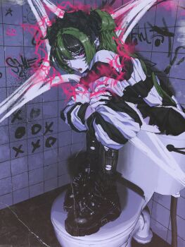 Rule 34 | 1girl, absurdres, arms on knees, barbell piercing, black boots, black hair, black nails, black socks, boots, crossed arms, ear piercing, earrings, face piercing, full body, goth fashion, gothic punk, graffiti, green hair, hair ornament, hairclip, highres, indoors, industrial piercing, jewelry, leaning forward, lip piercing, long hair, looking at viewer, multicolored hair, nail art, nail polish, open mouth, original, piercing, pink eyes, platform boots, public restroom, shiej007, shirt, socks, solo, striped clothes, striped shirt, stud earrings, stud piercings, tic-tac-toe, tile wall, tiles, toilet, torn clothes, torn socks, two-tone hair, x hair ornament