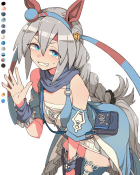 1girl animal_ears bag bare_shoulders blue_bag blue_dress blue_eyes blue_hairband blue_scarf blue_thighhighs blush braid cosplay detached_sleeves dress ear_covers flat_chest grey_hair hairband hand_up horse_ears horse_girl horse_tail leaning_forward long_hair looking_at_viewer low-braided_long_hair low-tied_long_hair nervous_smile scarf shoulder_bag simple_background smile solo super_creek_(murmuring_stream)_(umamusume) super_creek_(umamusume) super_creek_(umamusume)_(cosplay) tail tamamo_cross_(umamusume) thighhighs toriga_naku umamusume waving white_background wrist_wrap