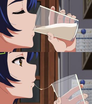 1girl blue_hair close-up cum cum_in_container cum_string cup female_focus from_side gokkun highres loli ooto_ai screencap third-party_edit wonder_egg_priority yellow_eyes