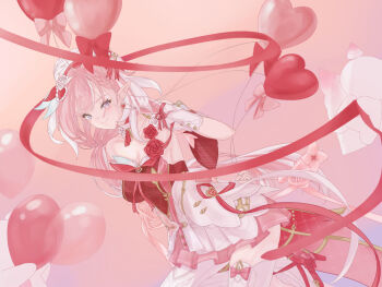 Rule 34 | 1girl, balloon, beret, breasts, commentary, diamond-shaped pupils, diamond (shape), dress, earrings, elf, elysia (hi love elf) (honkai impact), elysia (honkai impact), gloves, hat, heart, heart balloon, heart earrings, highres, holding, holding balloon, honkai (series), honkai impact 3rd, jewelry, large breasts, little messenger (honkai impact), long hair, looking at viewer, multicolored hair, pink hair, pink sky, pointy ears, purple eyes, purple hair, ramune (ramune 043785), red dress, sky, smile, symbol-shaped pupils, thighhighs, two-tone dress, two-tone hair, very long hair, white dress, white gloves, white hair, white thighhighs