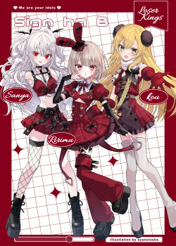1boy 2girls absurdres ankle_boots bat_hair_ornament belt black_belt black_boots black_choker black_gloves black_shoes blonde_hair boots border braid brown_hair buttons character_name chest_harness choker circle_skirt clothing_cutout crop_top cropped_jacket cropped_shirt crossdressing crossdressing_(mtf) crown_braid double-breasted elbow_gloves fingerless_gloves fishnet_thighhighs fishnets frilled_skirt frills frozen_yakan full_body genderswap genderswap_(mtf) gloves green_eyes grey_hair grid_background hair_ornament harness highres long_hair long_sleeves looking_at_viewer loser_kings makaino_ririmu midriff miniskirt multiple_girls navel nijisanji official_alternate_costume outstretched_arm plaid_clothes platform_boots platform_shoes pleated_skirt pointy_ears pom_pom_(clothes) pom_pom_hair_ornament puffy_short_sleeves puffy_sleeves rabbit_ear_headwear red_border red_eyes red_gloves red_skirt sanya_(kuzuha) shoes short_hair short_sleeves shoulder_cutout sign_wa_b_(oshi_no_ko) single_fishnet_legwear single_thighhigh skirt smile tattoo thigh_boots thighhighs trap two_side_up uzuki_kou virtual_youtuber white_boots white_hair winged_heart winged_heart_tattoo