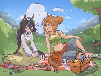 2girls ahoge animal_ears apple avuviebuvie bare_shoulders black_hair blue_shorts blue_sky blush breasts brown_hair closed_mouth clothes_around_waist cloud cookie cup dress ear_ornament eating food fruit grapes grass green_tank_top hair_between_eyes hair_ornament hairclip highres holding holding_cup holding_food horse_ears horse_girl horse_tail jungle_pocket_(umamusume) long_bangs long_hair long_hair_between_eyes long_sleeves manhattan_cafe_(umamusume) medium_hair midriff multicolored_hair multiple_girls navel orange_(fruit) orange_sweater outdoors parted_lips picnic picnic_basket picnic_blanket shirt shoes shorts sky smile socks speech_bubble sweater sweater_around_waist tail tank_top thermos tray tree umamusume very_long_hair white_hair white_shirt white_socks yellow_dress yellow_eyes