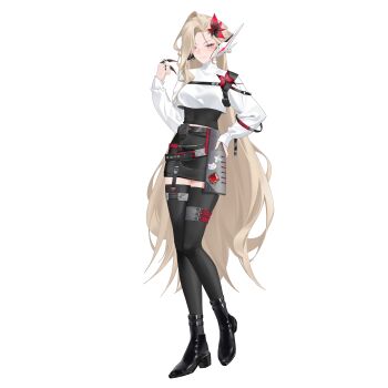 1girl absurdres alternate_costume belt blonde_hair boots breasts chest_strap commission commissioner_upload covered_navel crop_top eyelashes flower full_body genshin_impact hair_flower hair_ornament hand_on_own_hip high_heel_boots high_heels highres light_smile long_bangs long_hair long_sleeves looking_at_viewer mature_female mechanical_ears medium_breasts non-web_source petite pink_eyes rhan signora_(genshin_impact) skirt solo thigh_strap thighhighs transparent_background vision_(genshin_impact)