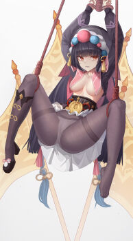 1girl absurdres areola_slip bkyuuc black_hair black_pantyhose bound breasts cameltoe chinese_commentary commentary_request genshin_impact highres m_legs panties panties_under_pantyhose pantyhose red_eyes restrained spread_legs tears thighband_pantyhose underwear white_background yun_jin_(genshin_impact)