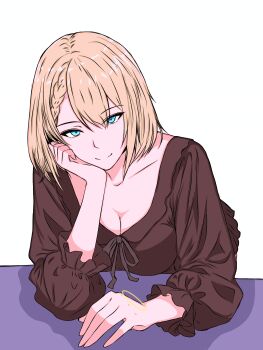 1girl absurdres alternate_costume aqua_eyes arm_support blonde_hair braid breasts brown_shirt centaureissi_(neural_cloud) cimol95 cleavage closed_mouth collarbone commentary english_commentary g36_(girls&#039;_frontline) girls&#039;_frontline girls&#039;_frontline_neural_cloud hand_on_own_cheek hand_on_own_face highres ibispaint_(medium) leaning_forward long_sleeves looking_at_viewer medium_breasts medium_hair shirt simple_background smile solo upper_body white_background