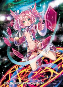 1girl breasts copyright_notice detached_sleeves fingerless_gloves gloves green_eyes head_wings holding holding_stick leotard magic_circle medium_hair multicolored_hair navel official_art open_mouth pink_gloves pink_hair pink_leotard pink_shoes saisou_(2ndere) shoes small_breasts solo sparkle stick tawil_(wixoss) twintails white_hair wings wixoss