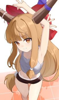 1girl absurdres alternate_costume armpits arms_behind_head arms_up black_shorts blunt_bangs blush bow flat_chest from_above gym_uniform highres horn_ornament horn_ribbon horns ibuki_suika long_hair looking_at_viewer midriff nail_polish oeyama orange_eyes orange_hair parted_lips pink_nails red_bow ribbon shorts smile solo stretching tank_top thighs touhou very_long_hair white_tank_top