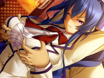 1girl angry arms_up bishop_(company) blue_hair body_control breasts female_focus game_cg grabbing_another&#039;s_breast groping kutsujoku large_breasts long_hair purple_eyes ribbon school_uniform toujou_mahiro