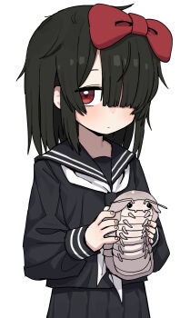Rule 34 | 1girl, black hair, black serafuku, black shirt, black skirt, blush, bow, closed mouth, commentary, eyepatch, hair bow, hair over one eye, highres, holding, isopod, lakilolom, long hair, long sleeves, looking at viewer, neckerchief, one-eyed, original, pleated skirt, red bow, red eyes, sailor collar, school uniform, serafuku, shirt, simple background, skirt, solo, white background