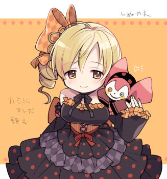1girl black_dress blonde_hair charlotte_(madoka_magica) dress drill_hair frilled_dress frills ikuchi_osutega long_sleeves looking_at_viewer mahou_shoujo_madoka_magica orange_background polka_dot polka_dot_dress smile tomoe_mami twin_drills yellow_eyes
