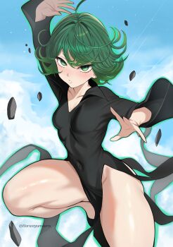 1girl absurdres ahoge arm_up bare_legs black_dress breasts collarbone collared_dress curly_hair dress flying green_eyes green_hair harutoyumaarts highres one-punch_man pear-shaped_figure pelvic_curtain popped_collar rock short_hair small_breasts solo tatsumaki telekinesis thick_thighs thighs