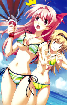 2girls :o absurdres annoyed antenna_hair beach bikini bikini_pull black_hairband blonde_hair blush breasts chaos;head chaos;head_love_chu_chu! clothes_pull collarbone dutch_angle frilled_bikini frills green_bikini grin groin hairband highres long_hair matsuo_yukihiro medium_breasts multiple_girls navel nishijou_nanami ocean official_art open_mouth pink_hair purple_eyes sakihata_rimi scan science_adventure side_ponytail small_breasts smile squeezing stomach striped_bikini striped_clothes surprised swimsuit thigh_gap tongue undressing_another