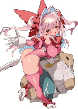 1boy 1girl :o ass assertive_female bare_shoulders bent_over blush body_pillow bow breasts brown_eyes chomoran commentary_request covered_erect_nipples cum curvy dakimakura_(object) detached_wings femdom full_body gloves grey_hair hair_intakes high_heels highleg highleg_leotard highres juliet_sleeves large_breasts leotard long_hair long_sleeves looking_at_viewer looking_back looking_to_the_side low_wings magical_girl nipples on_one_knee open_mouth original pillow pink_leotard pink_thighhighs plump puffy_sleeves sailor_collar simple_background solo stuffed_toy thick_thighs thighhighs thighs two_side_up wide_hips wings