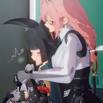 2girls 3d animal_ear_fluff animal_ears biting biting_ear black_gloves black_hair black_skirt blunt_bangs blush closed_eyes commentary dress_shirt earrings english_commentary fingerless_gloves fox_ears fox_girl gauntlets glasses gloves green_jacket hair_between_eyes high-waist_skirt highres hoshimi_miyabi jacket jewelry long_hair multiple_girls pink_eyes pink_hair ring_hair_ornament shinshogun shirt sidelocks single_fingerless_glove skirt smile tsukishiro_yanagi white_shirt yuri zenless_zone_zero