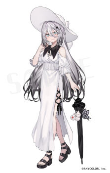 1girl aqua_eyes black_nails black_sandals casual closed_mouth clothing_cutout commentary_request dress full_body gradient_hair grey_hair hair_between_eyes hand_up holding holding_umbrella long_hair looking_at_viewer mole mole_under_eye multicolored_hair nijisanji official_art sample_watermark sandals short_sleeves shoulder_cutout shugao simple_background smile solo sophia_valentine standing umbrella very_long_hair virtual_youtuber watermark white_background white_dress