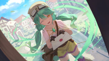 1girl absurdres aqua_hair bag blue_sky brown_gloves chest_jewel cloud commentary_request gloves goggles goggles_on_headwear green_hair hair_between_eyes highres holding holding_letter letter long_hair one_eye_closed open_mouth orange_eyes original pointy_ears pov shoulder_bag sky tokaki twintails