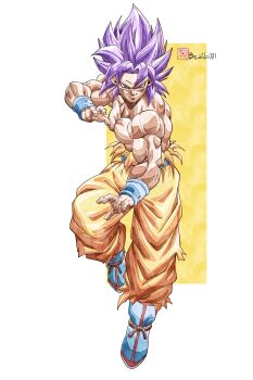 1boy absurdres alternate_form beatlo_(rodrigo38658978) blue_boots blue_sash blue_wrist_cuffs boots dragon_ball dragon_ball_super full_body highres male_focus medium_hair muscular muscular_male no_eyebrows orange_pants pants purple_eyes purple_hair sash simple_background solo son_goku spiked_hair topless_male ultra_ego_(dragon_ball) white_background wrist_cuffs