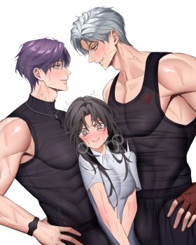 1girl 2boys @_@ artist_self-insert bare_arms bare_shoulders between_pecs between_pectorals black_hair boy_sandwich bulge closed_mouth covered_abs covered_pectorals eye_contact face-to-face fingerless_gloves gloves grey_background grey_hair head_between_pecs heart heart-shaped_pupils height_difference hetero highres jewelry kxndi long_hair looking_at_another looking_at_viewer love_and_deepspace multiple_boys muscular muscular_male necklace nervous parted_lips pectorals protagonist_(love_and_deepspace) purple_eyes purple_hair rafayel_(love_and_deepspace) red_eyes rivalry sandwiched shirt short_hair short_sleeves simple_background smile sweat sylus_(love_and_deepspace) symbol-shaped_pupils veins veiny_neck watch wristwatch