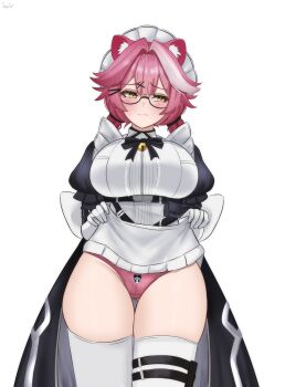 1girl absurdres animal_ear_fluff animal_ears apron averting_eyes blush breasts brown_eyes clothes_lift dress dress_lift embarrassed gluteal_fold highres hololive hololive_english juliet_sleeves large_breasts large_ribbon lifting_own_clothes long_sleeves looking_to_the_side maid medium_hair panther_ears panties pantyshot pink_eyes pink_hair pink_panties puffy_sleeves raora_panthera semi-rimless_eyewear senpaisif simple_background smile solo thigh_gap thighhighs twintails underwear virtual_youtuber waist_ribbon white_apron white_background white_thighhighs