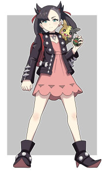 Rule 34 | 1girl, absurdres, asymmetrical bangs, backpack, bag, black boots, black collar, black jacket, boots, border, clenched hand, closed mouth, collar, commentary request, dress, dusk ball, earrings, eyelashes, gen 8 pokemon, green eyes, grey background, hair ribbon, hand up, high heel boots, high heels, highres, holding, holding poke ball, jacket, jewelry, jmsleo, korean commentary, marnie (pokemon), morpeko, morpeko (full), nintendo, open clothes, open jacket, outside border, pink dress, poke ball, pokemon, pokemon (creature), pokemon swsh, red bag, red ribbon, ribbon, standing, twintails, white border