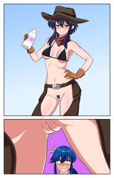 >:) 1boy 1girl absurdres bikini bikini_top_only black_hair blue_hair blush bottle bottomless breasts chaps commission commissioner_upload cow_horns cowboy cowboy_western female_pubic_hair fire_emblem fire_emblem:_genealogy_of_the_holy_war fire_emblem_heroes hat hetero highres horns milk_bottle navel nintendo no_panties panels pubic_hair pussy pussy_juice rs40uchiha simple_background smile smug sweat swimsuit uncensored v-shaped_eyebrows western wide-eyed
