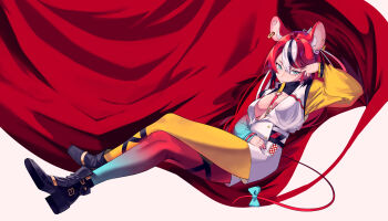 1girl absurdres adapted_costume adjusting_hair alternate_costume animal_ear_fluff animal_ears asymmetrical_legwear asymmetrical_sleeves between_breasts black_boots black_hair black_streaks blue_eyes boots bow breasts commentary crossed_legs double-parted_bangs ear_piercing earrings hair_between_eyes hair_down hakos_baelz hand_on_lap hand_to_head highres hololive hololive_english jewelry littlecupcake long_hair medium_breasts mouse_ears mouse_tail multicolored_hair paid_reward_available piercing reclining red_hair red_sheet shorts tail tail_bow tail_ornament virtual_youtuber white_hair white_shorts