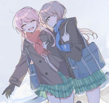2girls bag bang_dream! bang_dream!_it&#039;s_mygo!!!!! beach black_coat black_gloves blue_scarf blush brown_eyes chihaya_anon closed_eyes coat commentary_request dutch_angle fang gloves green_skirt grey_hair haneoka_school_uniform highres holding_hands long_hair multiple_girls ocean open_mouth outdoors pink_hair pink_scarf pleated_skirt scarf school_bag school_uniform short_hair skirt smile suudori takamatsu_tomori