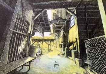 absurdres alley architecture barre building colored_pencil_(medium) east_asian_architecture fence highres house ibsukionsen landscape no_humans original outdoors path road scenery tagme traditional_media village window wooden_house wooden_wall