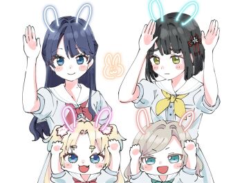 4girls :d :| animal_ears aqua_neckerchief arms_up blonde_hair blue_eyes blue_hair blunt_bangs blunt_ends blush blush_stickers bob_cut ceras_yanagida_lilienfeld chibi closed_mouth commentary curtained_hair drawn_ears dress flower flower_knot gradient_hair green_eyes grey_dress grey_hair hair_flower hair_ornament half_updo hasu_no_sora_school_uniform link!_like!_love_live! long_hair love_live! mole mole_on_neck momose_ginko moso_(expect66) multicolored_hair multiple_girls murano_sayaka neckerchief open_mouth osawa_rurino parted_bangs puffy_short_sleeves puffy_sleeves rabbit_ears rabbit_pose raised_inner_eyebrows red_neckerchief sailor_collar sailor_dress school_uniform short_eyebrows short_hair short_sleeves side_part smile summer_uniform symbol-only_commentary thick_eyebrows twintails virtual_youtuber white_flower white_sailor_collar yellow_neckerchief
