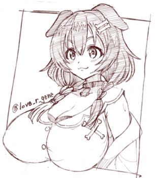 Rule 34 | 1girl, :3, alternate breast size (larger), animal collar, animal ears, bone hair ornament, bone ornament, border, bow, bra, bra peek, breasts, cleavage, collar, commentary, dog ears, double-parted bangs, hair between eyes, hair ornament, hololive, huge breasts, inugami korone, kin-san (sasuraiga), lineart, low-tied sidelocks, medium hair, shirt, short sleeves, sidelocks, sketch, symbol-only commentary, twitter username, underwear, upper body, virtual youtuber