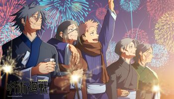 2girls 3boys absurdres arm_on_another's_shoulder burn_scar commentary couple english_commentary eyepatch fushiguro_megumi grey_hair happy_new_year highres husband_and_wife itadori_yuuji jujutsu_kaisen kugisaki_nobara mature_female multiple_boys multiple_girls nandry new_year okkotsu_yuuta old old_man old_woman scar scar_on_face scars_all_over spiked_hair too_many zen'in_maki