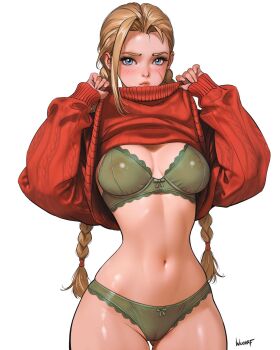 1girl artist_name blonde_hair blue_eyes blush bra braid breasts cable_knit cameltoe cammy_white closed_mouth clothes_lift commentary commission cowboy_shot english_commentary facial_scar green_bra green_panties highres lace lace-trimmed_bra lace-trimmed_panties lace_trim large_breasts lifting_own_clothes long_hair long_sleeves looking_at_viewer low_twin_braids navel nipples panties puffy_long_sleeves puffy_sleeves red_sweater scar scar_on_cheek scar_on_face see-through_clothes simple_background solo standing street_fighter sweater sweater_lift twin_braids underwear very_long_hair white_background wuoarf