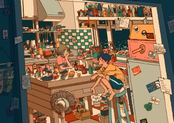 1boy 1girl absurdly_detailed_composition absurdres arm_on_knee barefoot blue_hair blue_shorts brown_hair commentary_request company_logo counter electric_fan hand_on_own_cheek hand_on_own_face hand_up highres indoors kitchen knees_up loaded_interior looking_at_another messy_room note on_stool open_mouth original pink_shirt print_shirt refrigerator shirt short_hair shorts sitting slice_of_life t-shirt tile_wall tiles very_short_hair yellow_shirt yomunashi