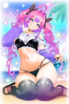 +_+ 1girl absurdres ahoge arm_belt art111 bare_shoulders beach belt bikini black_bikini black_bra black_ribbon black_sandals black_thighhighs blue_eyes blue_sky blush bra bra_over_clothes breasts closed_mouth cloud cloudy_sky day detached_sleeves fang feet fingernails hair_intakes hair_ribbon highres hololive hololive_dev_is kikirara_vivi long_hair long_sleeves looking_at_viewer multicolored_hair nail_polish navel o-ring o-ring_bikini o-ring_bikini_bottom ocean outdoors palm_tree pink_hair pink_lips pink_nails pulling_own_clothes purple_sleeves ribbon sand sandals shirt sitting skin_fang sky smile solo sparkle sparkle_print stomach strap_pull swimsuit thighhighs thighs toes tree twintails two-tone_hair underwear v v_over_mouth virtual_youtuber wariza white_belt white_shirt