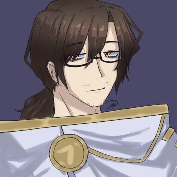 1boy absurdres artist_name bags_under_eyes beard_stubble black-framed_eyewear black-framed_glasses brown_hair close-up closed_mouth coat eyes_visible_through_hair facial_hair glasses gold_trim gregor_(project_moon) hair_between_eyes hair_over_one_eye half-closed_eyes highres light_smile limbus_company long_hair looking_to_the_side low_ponytail male_focus parted_bangs photoshop_(medium) ponytail portrait project_moon purple_background sanpaku semi-rimless_eyewear sidelocks signature simple_background smile solo stubble under-rim_eyewear upper_body white_coat yellow_eyes