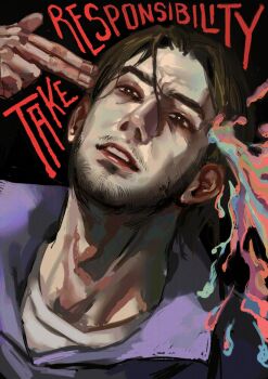 1boy bags_under_eyes beard_stubble black_eyes blank_stare blood blood_splatter brown_hair english_text facial_hair finger_gun finger_gun_to_head hair_slicked_back hand_up hashtag-only_commentary head_tilt highres jimmy_(mouthwashing) male_focus mouthwashing orbuz228 rainbow_blood shirt short_hair solo stubble suicide white_shirt