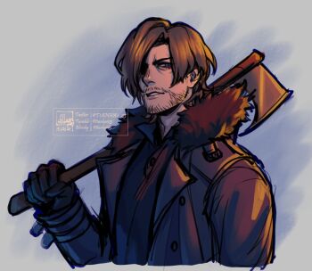 Rule 34 | 1boy, axe, beard, black coat, black gloves, black shirt, blue background, blue eyes, brown hair, coat, commentary, english commentary, facial hair, fur-trimmed coat, fur trim, gloves, hair over one eye, holding, holding axe, leon s. kennedy, looking at viewer, male focus, over shoulder, parted bangs, parted lips, resident evil, resident evil requiem, shirt, short hair, solo, tianhai03, twitter username, weapon, weapon over shoulder